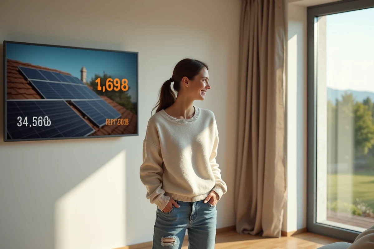 Jeune femme souriante regardant un moniteur d énergie solaire