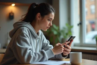 Femme consultant son numéro Lyca Mobile sur son smartphone à la cuisine