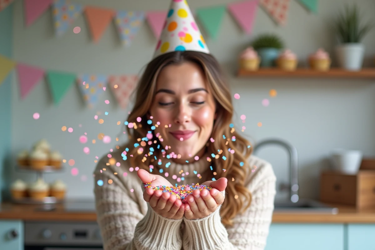 Jeune femme souriante souffle confettis colorés dans la cuisine moderne