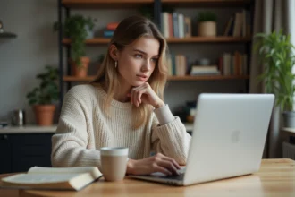 Jeune femme assise à la cuisine avec ordinateur et livres