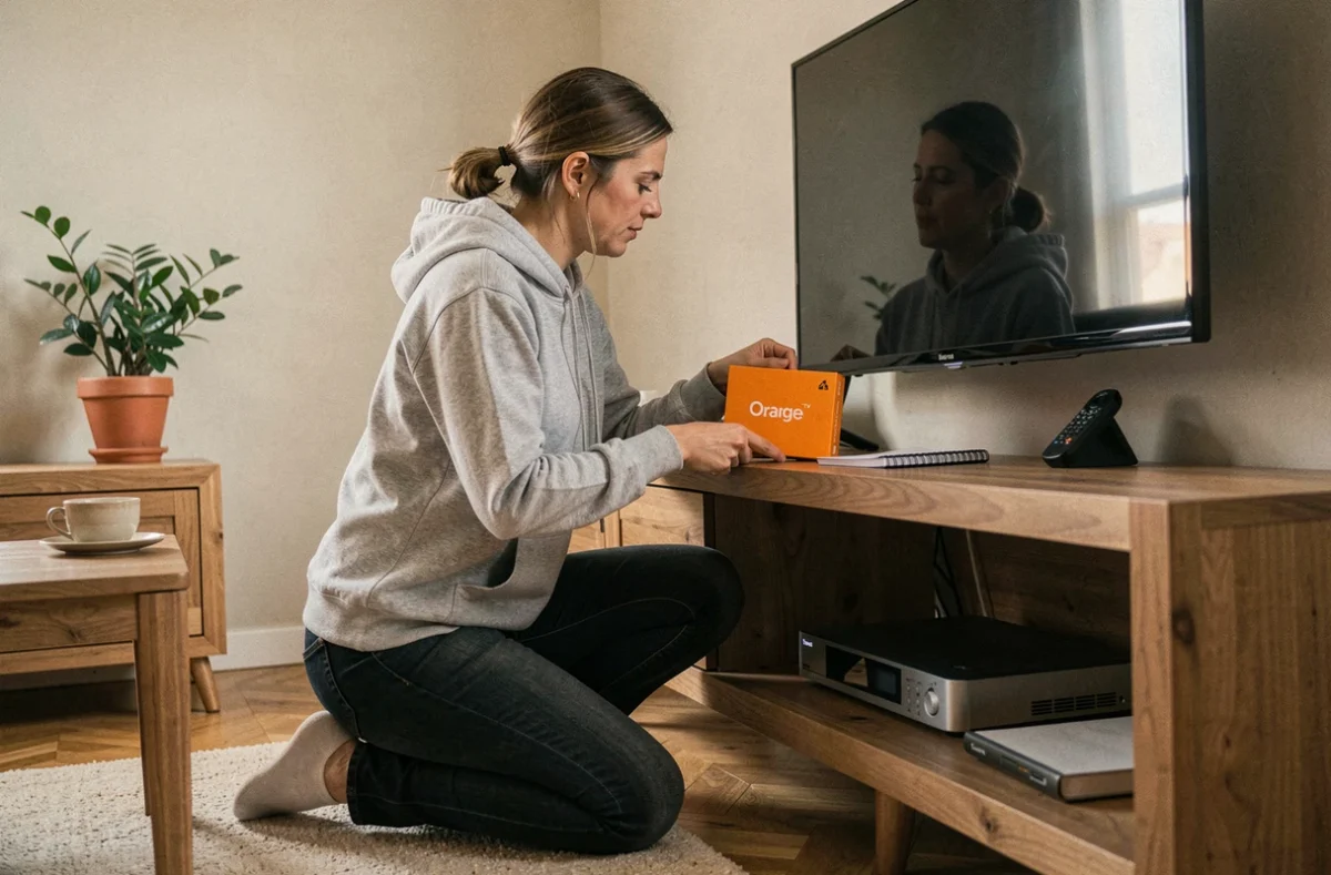 Femme examinant le décodeur Orange TV dans son appartement pour comparer les options d'enregistrement 100h et 300h