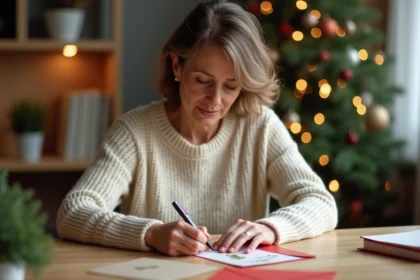 Femme écrivant une carte de Noël à la main pour une maîtresse ou une nounou, assise à un bureau en bois avec des décorations de Noël en arrière-plan