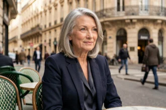 Femme élégante aux cheveux grisonnants assise en terrasse d'un café parisien, évoquant une personnalité politique française