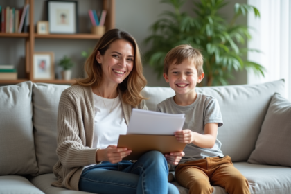 Femme souriante avec un enfant tenant un dossier légal dans un salon lumineux