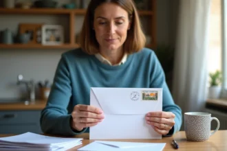 Femme en train d affranchir une lettre dans une cuisine chaleureuse