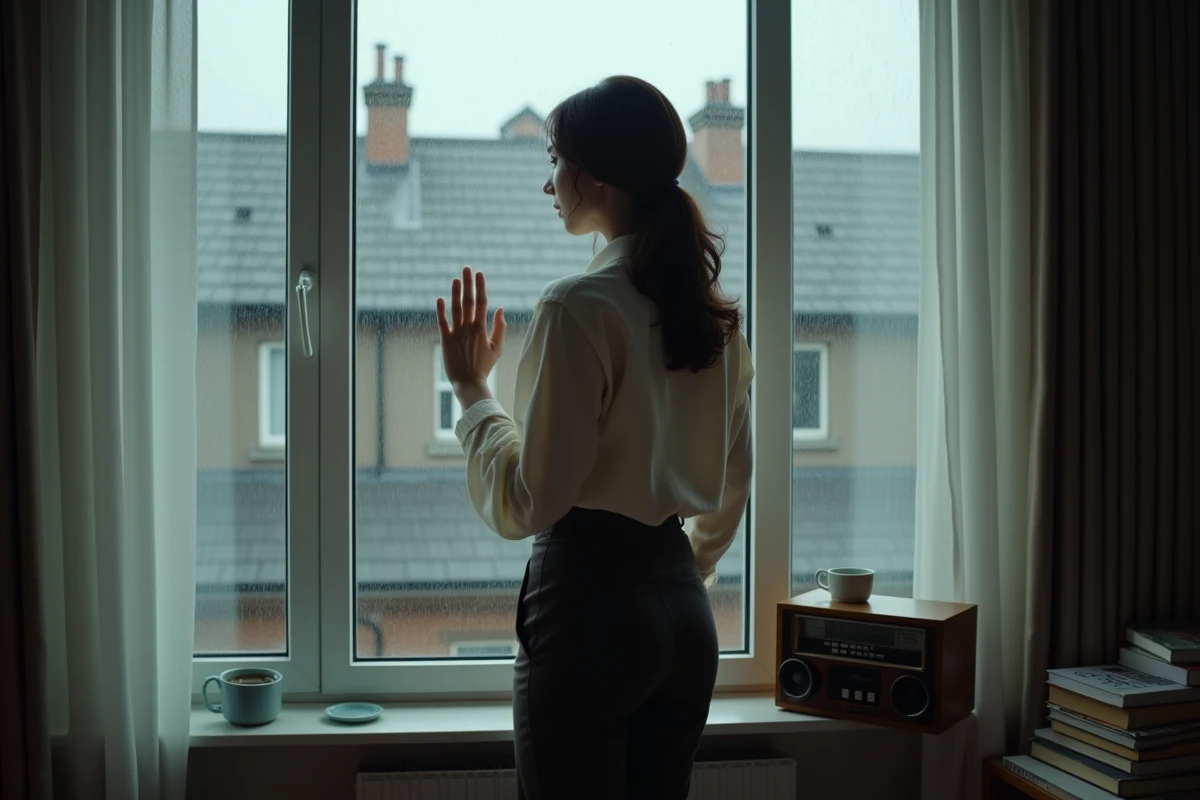 Femme pensive regardant par une fenêtre mouillée dans un appartement modeste, illustrant la solitude amoureuse