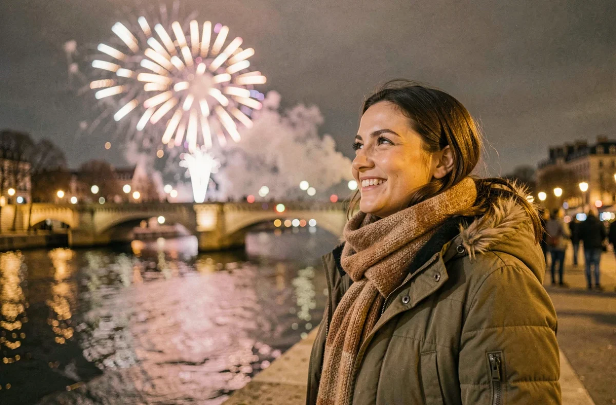 Jeune femme admirant le feu d'artifice du Nouvel An à Lille depuis les quais en hiver