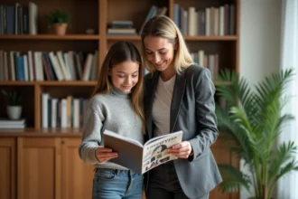 Femme et adolescente feuilletant un magazine de mode dans un salon chaleureux