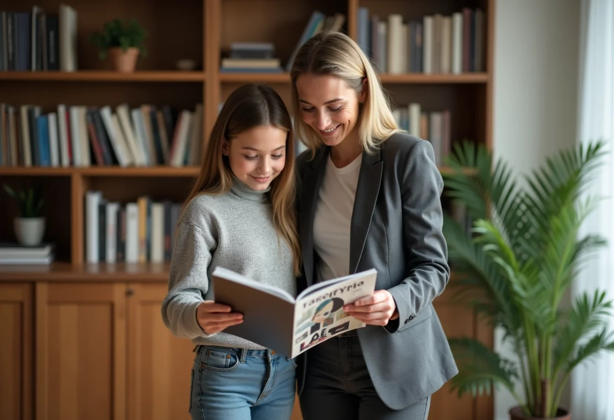 Femme et adolescente feuilletant un magazine de mode dans un salon chaleureux