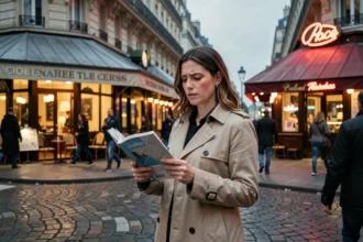 Femme consultant un guide touristique devant une brasserie parisienne le soir, hésitant sur le choix d'une activité à Paris