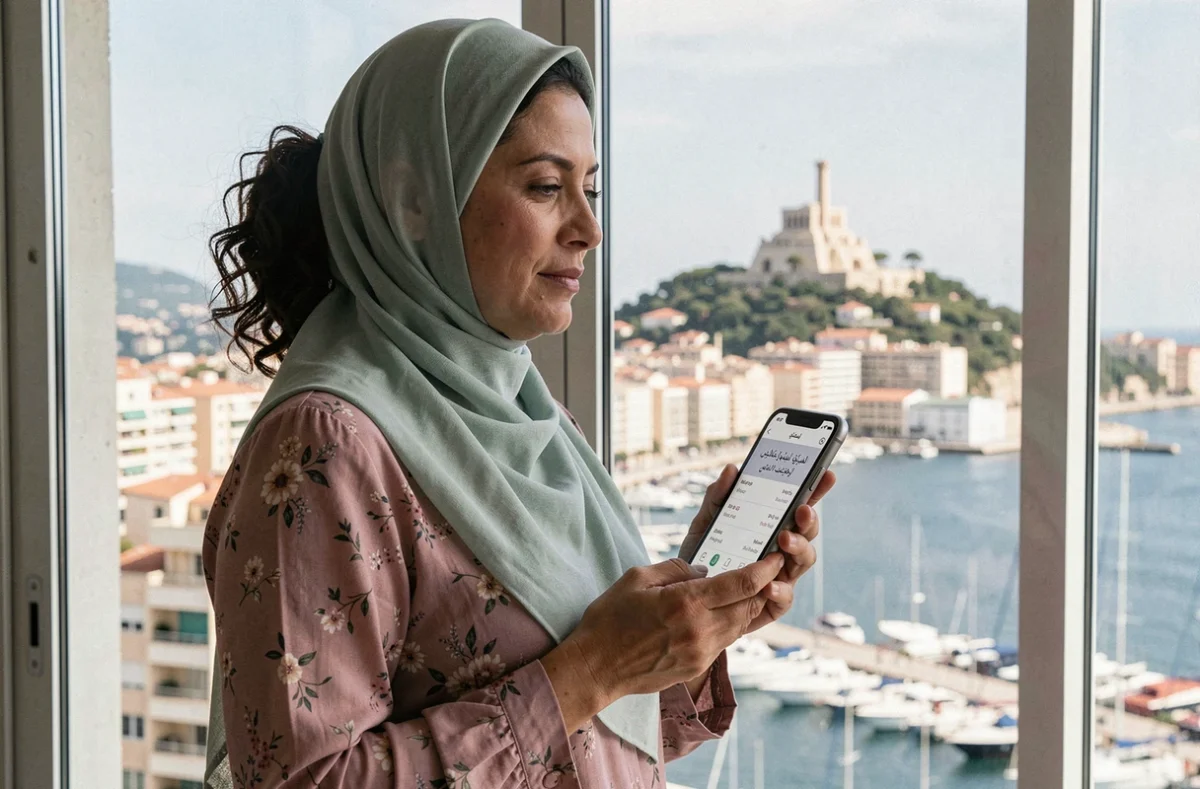 Femme en hijab consultant une application de prière sur mobile avec vue sur Marseille