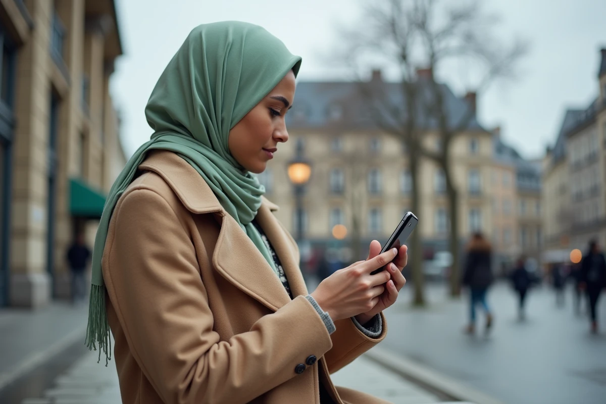 Jeune femme en hijab vérifiant les horaires de prière sur son smartphone à Nantes
