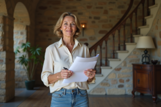 Femme d'âge moyen examinant des documents immobiliers dans un foyer ancien