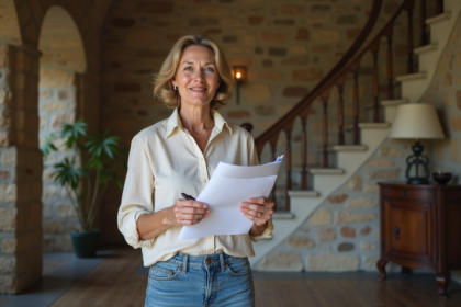 Femme d'âge moyen examinant des documents immobiliers dans un foyer ancien