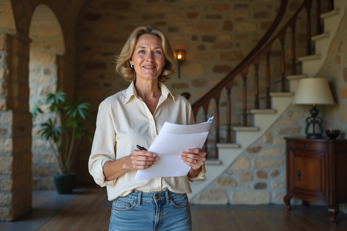 Femme d'âge moyen examinant des documents immobiliers dans un foyer ancien