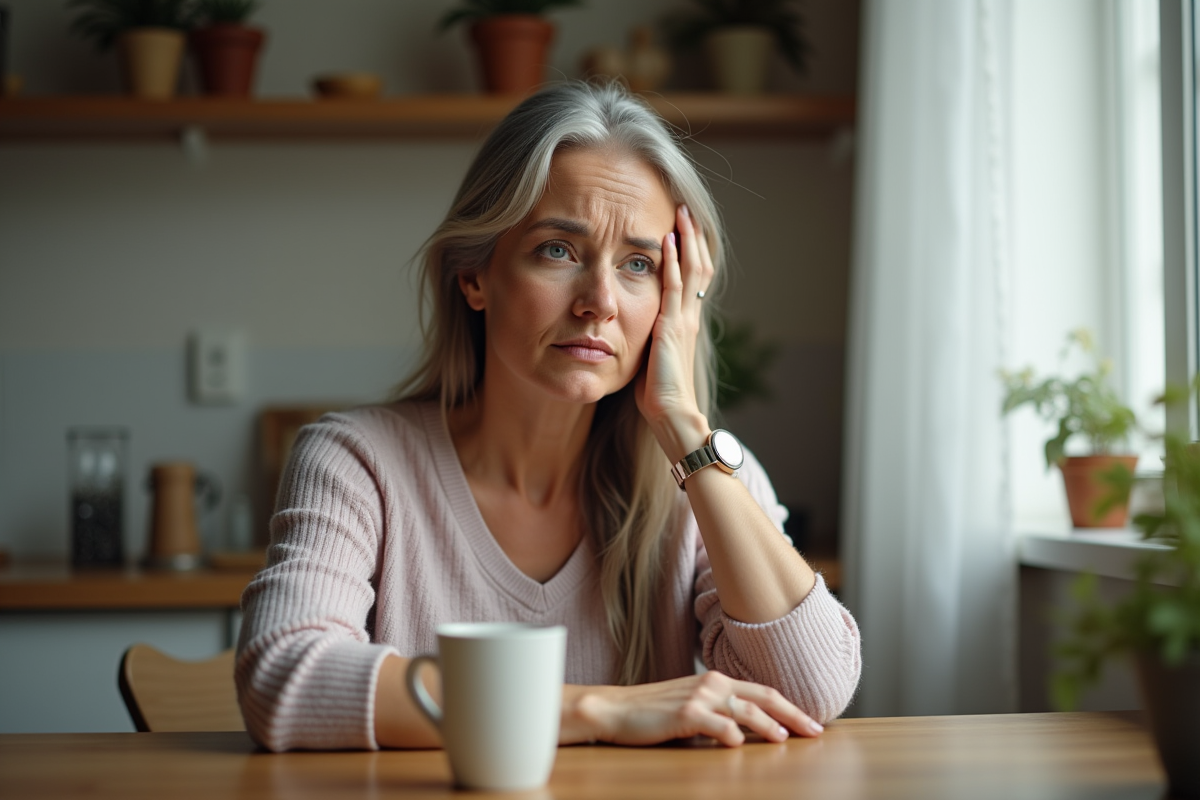 Femme inquiète assise à la cuisine en réfléchissant