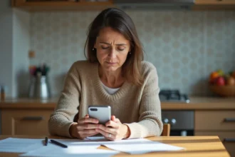 Femme inquiète regardant son smartphone dans la cuisine
