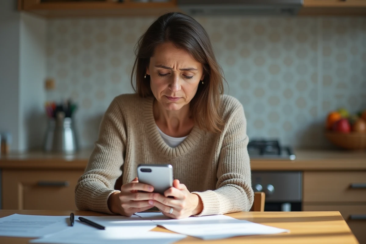 Femme inquiète regardant son smartphone dans la cuisine