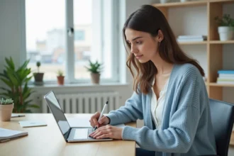 Jeune femme utilisant un iPad dans un bureau moderne