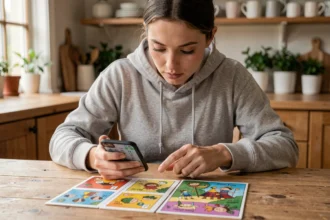 Femme jouant au jeu 4 images 1 mot sur smartphone avec des tuiles illustrées posées sur une table en bois