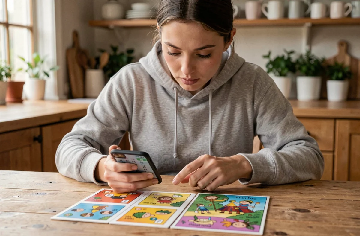 Femme jouant au jeu 4 images 1 mot sur smartphone avec des tuiles illustrées posées sur une table en bois