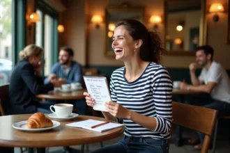 Femme française hilare dans un café parisien avec un carnet de jeux de mots