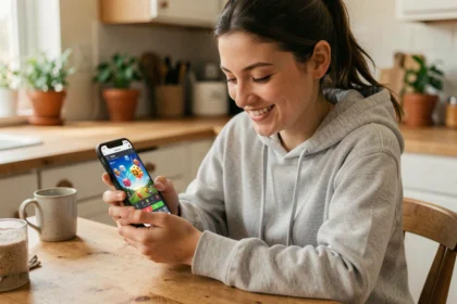 Jeune femme jouant à Monopoly GO sur smartphone à table dans une cuisine moderne