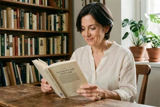 Femme lisant un livre de citations d'auteurs français contemporains dans un appartement parisien chaleureux