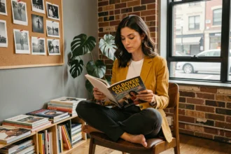 Femme lisant le magazine culturel Cnarela Mag dans un bureau éditorial moderne avec livres d'art et affiches de cinéma