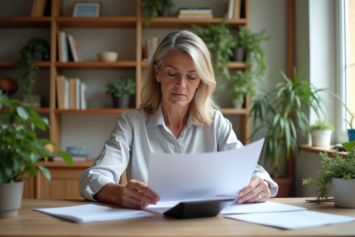 Femme d'âge moyen lisant des papiers à la maison