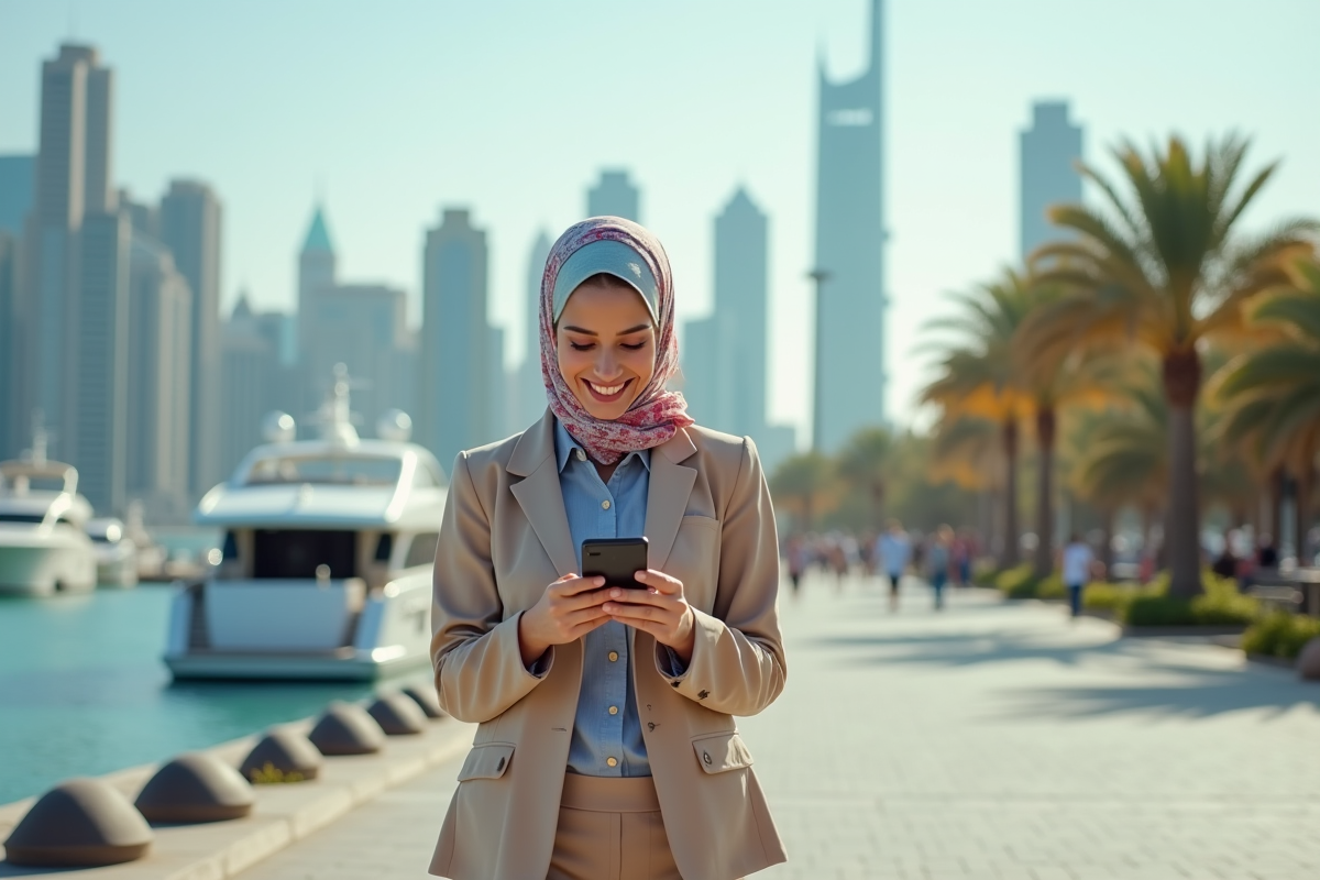 Femme souriante marchant le long de la marina de Dubai avec smartphone