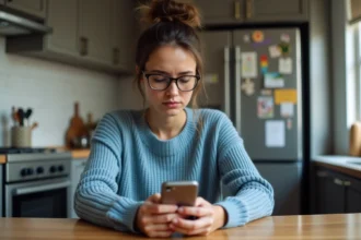 Jeune femme en sweater bleu rédigeant un message d'anniversaire