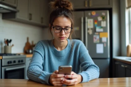 Jeune femme en sweater bleu rédigeant un message d'anniversaire