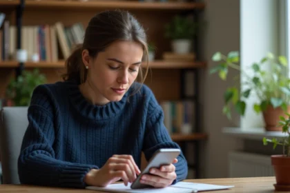 Femme concentrée qui tente de retrouver son mot de passe Codycross sur son smartphone à son bureau