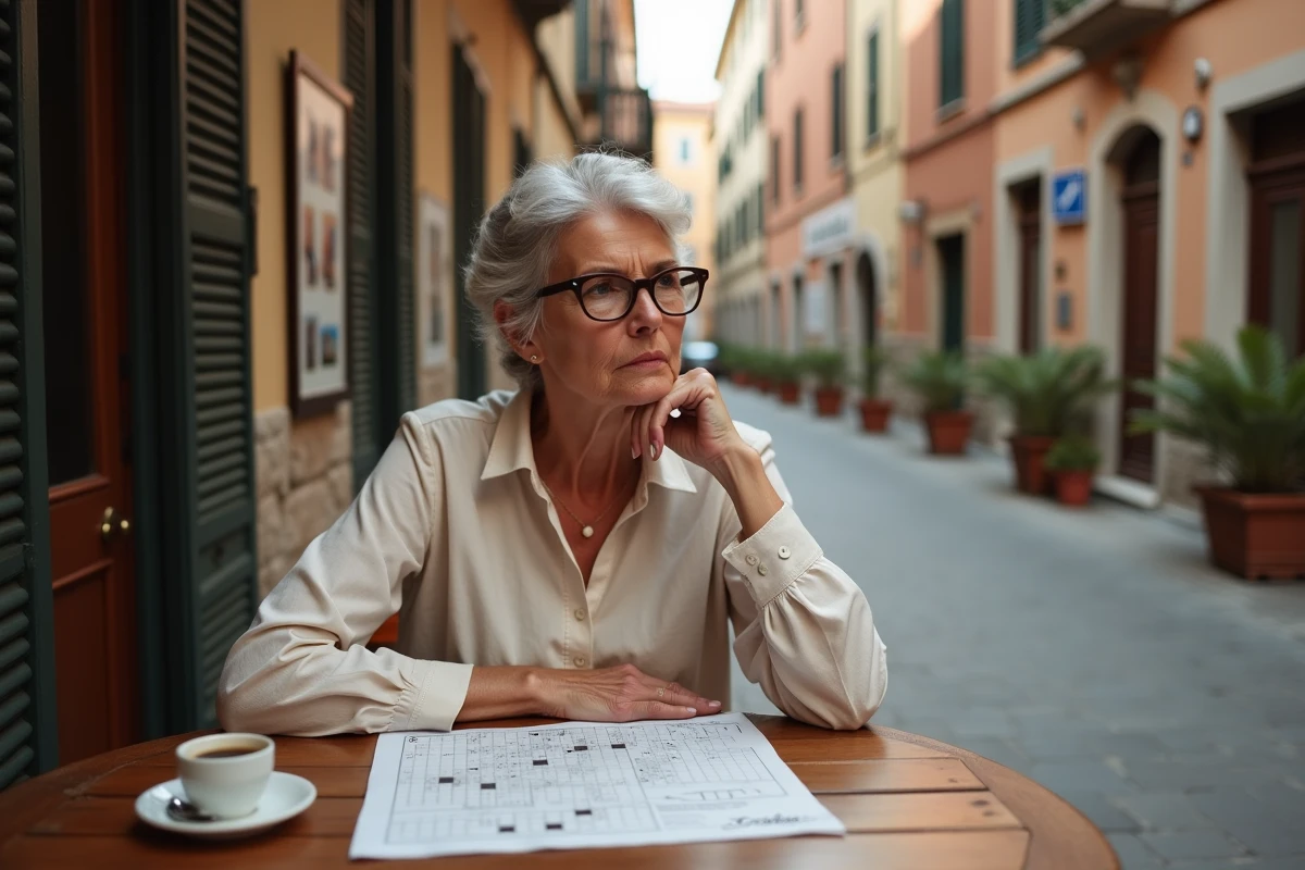 Femme résolvant une grille de mots croisés dans un café de rue italienne typique