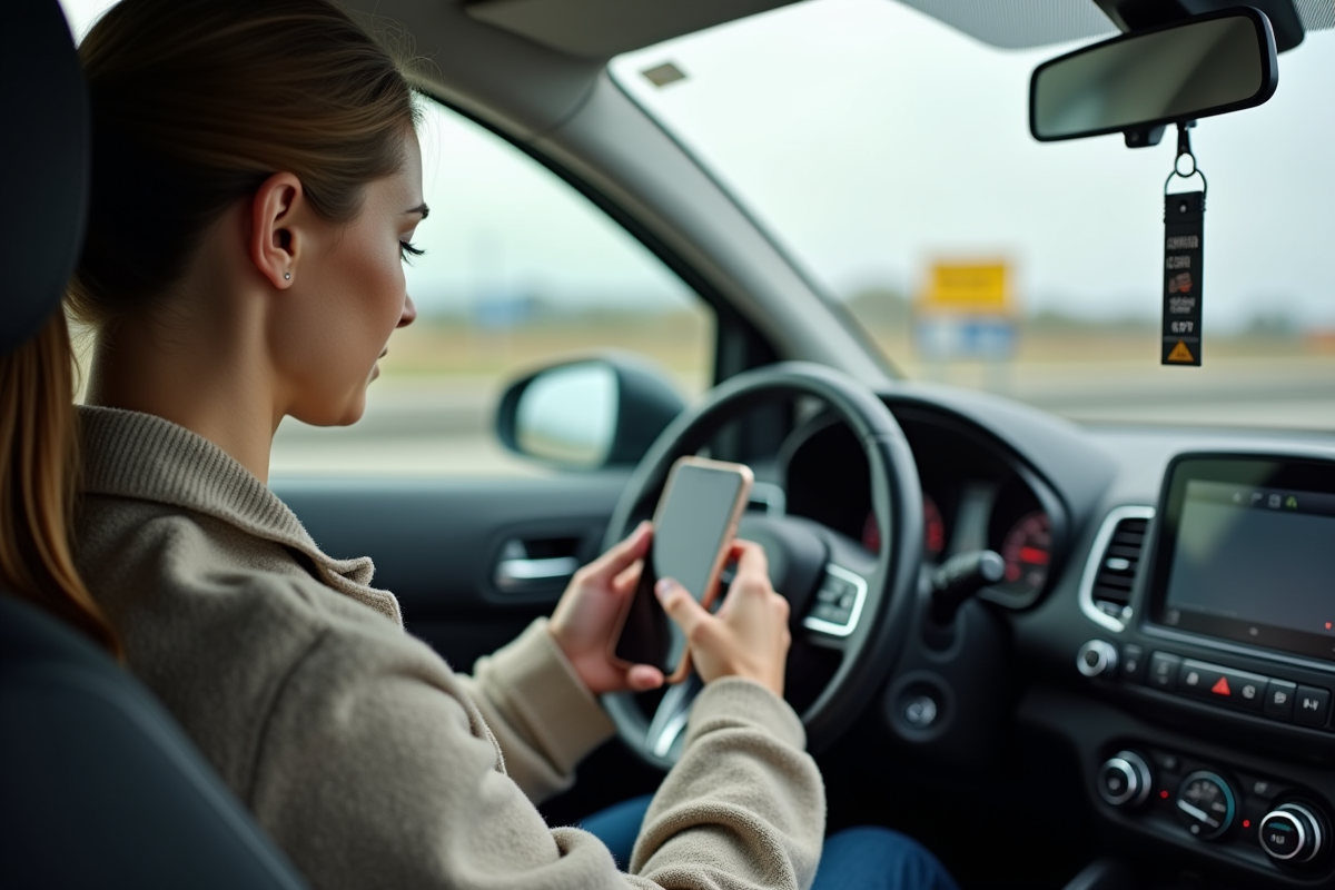 Jeune femme utilisant son smartphone dans sa voiture