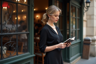 Femme élégante en noir devant un café parisien