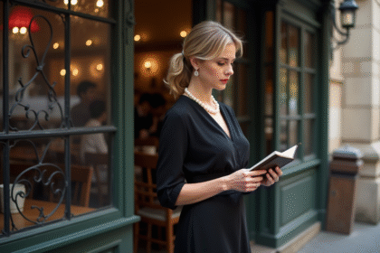 Femme élégante en noir devant un café parisien
