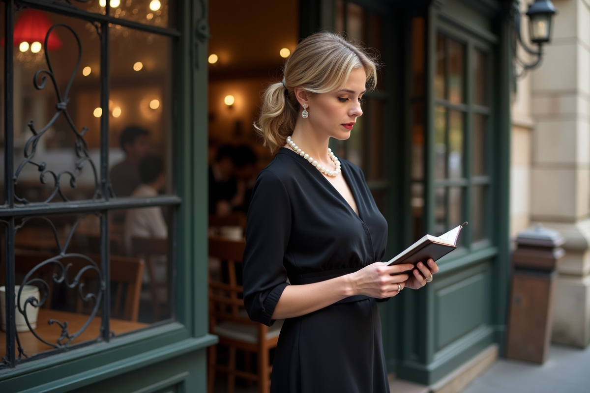 Femme élégante en noir devant un café parisien