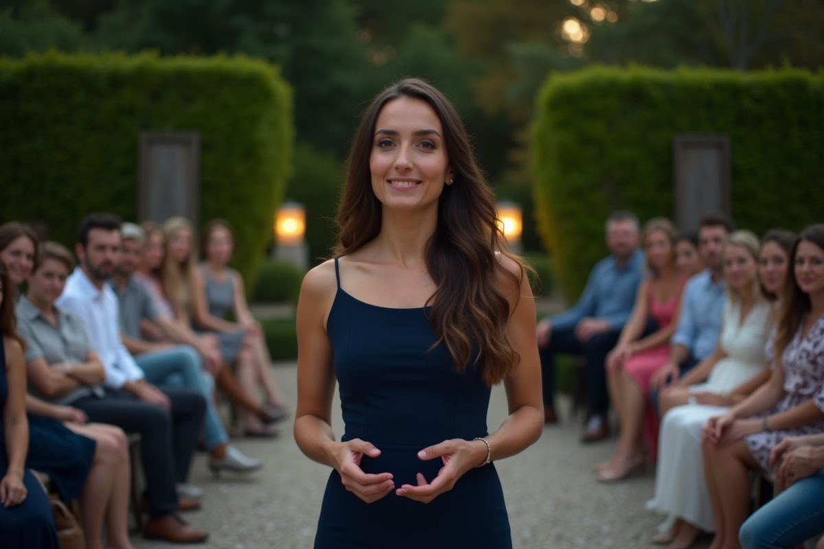 Femme en robe navy parlant à un groupe en extérieur