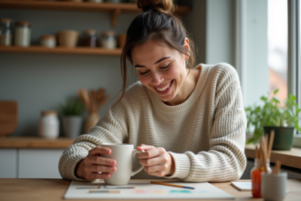 Femme souriante peignant un mug en céramique dans la cuisine