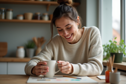 Femme souriante peignant un mug en céramique dans la cuisine