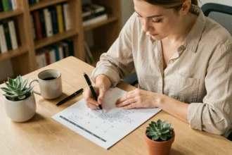 Femme écrivant dans un planning mensuel imprimé au format A4 posé sur un bureau en bois avec un café et une plante