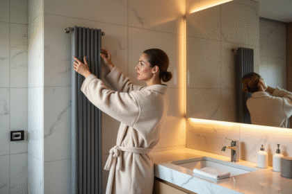 Femme ajustant un radiateur dans une salle de bain élégante