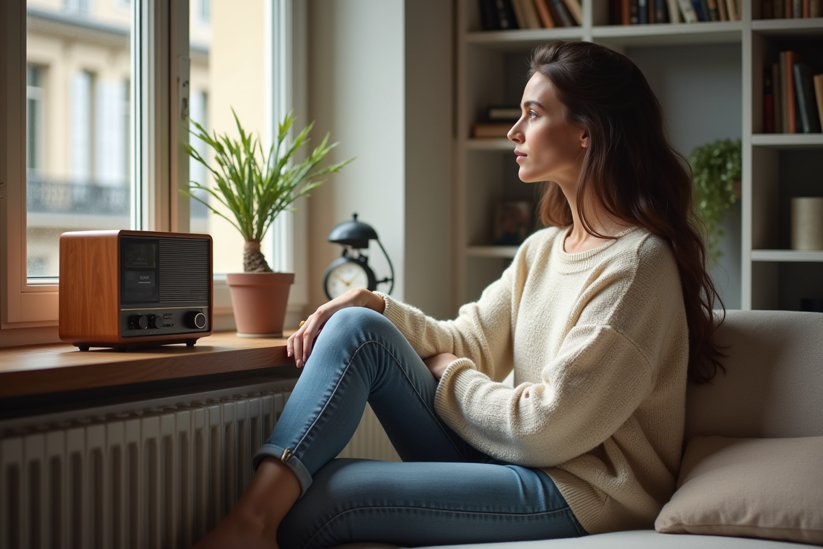 Jeune femme dans un appartement parisien avec radio et livre