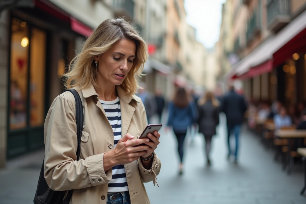 Femme consultant son smartphone pour trouver des toilettes publiques près d'elle dans une rue commerçante animée