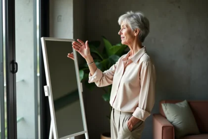 Femme de 50 ans se regardant dans un miroir dans un intérieur calme