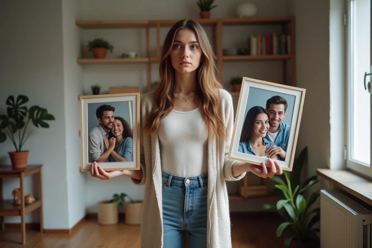 Femme regardant deux photos de couples dans son appartement