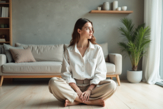 Jeune femme en blanc dans un salon moderne calme