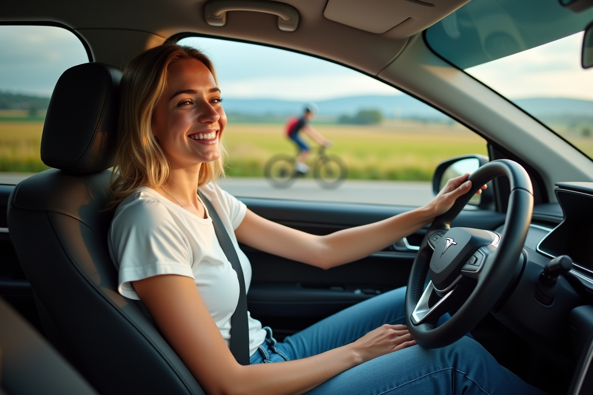 Jeune femme souriante dans un SUV en campagne